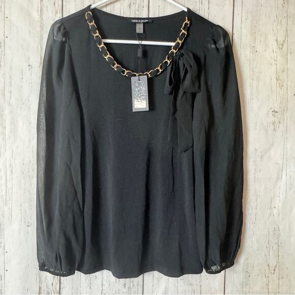 Cable & Gauge  Black Sheer Long Sleeve Gold Bow Detail Neckline Sz XS NWT - Picture 1 of 8